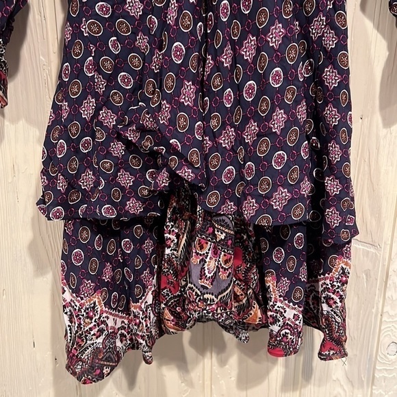 Nwt Umgee Wine Multiprint Surplice Long Sleeve Tiered Short Dress, Size M - Picture 5 of 12